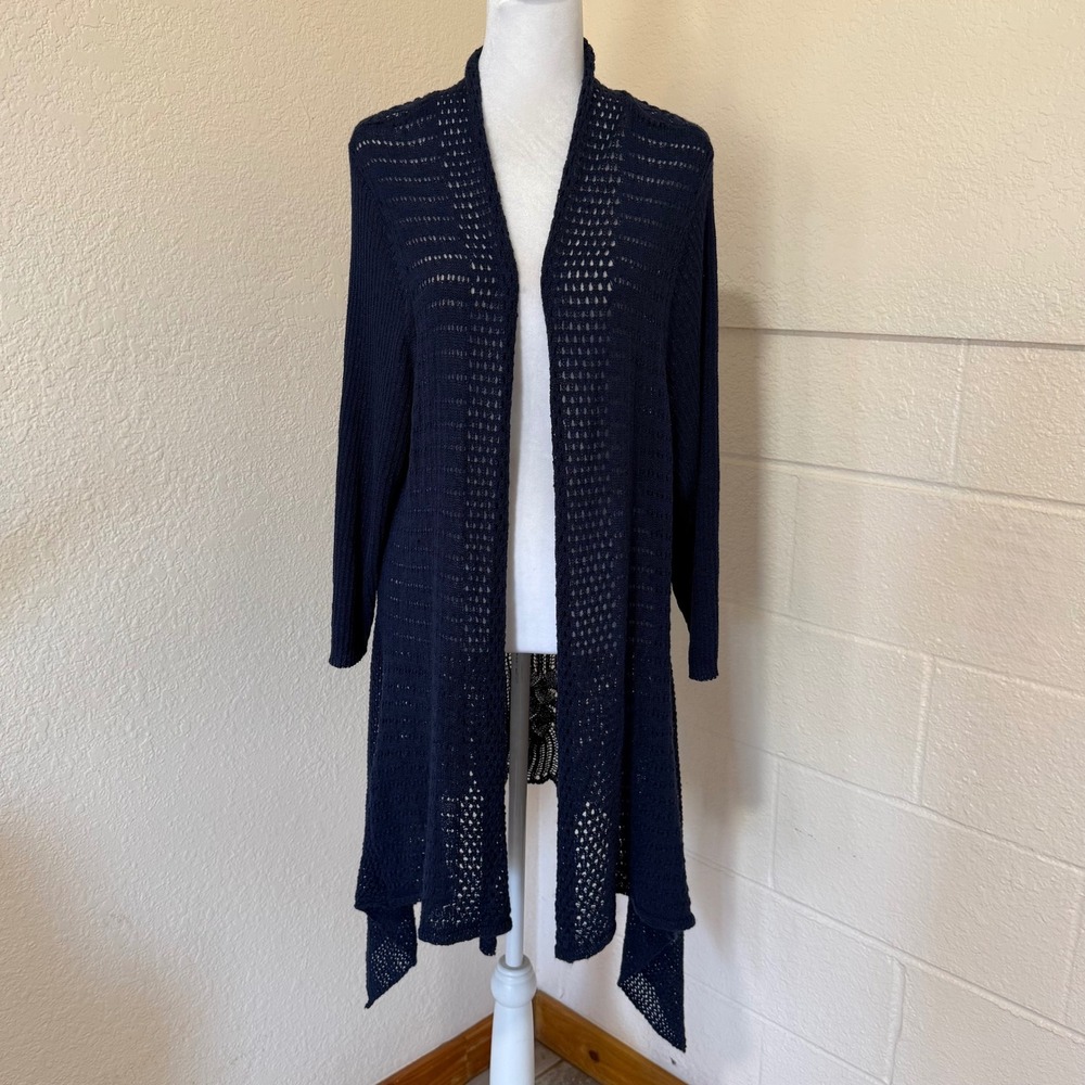 Lauren Michelle Cardigan Womens 2X Navy Blue Open Front Pointelle Knit Coastal
